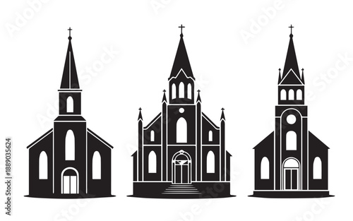 Wallpaper Mural A collection of black and white silhouette illustrations of traditional churches, representing architectural styles and religious buildings Torontodigital.ca