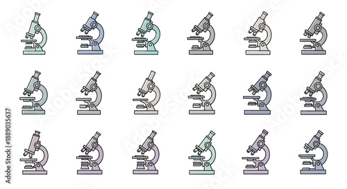 Collection of Different Colored Microscopes for Scientific Research Isolated on White Background