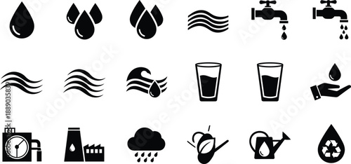 Collection of black icons related to water oil and industrial processes