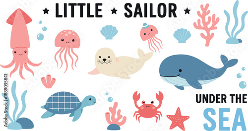 Cute under the sea vector set with whale, seal, turtle, jellyfish, squid, crab, coral, and playful ocean quote elements
