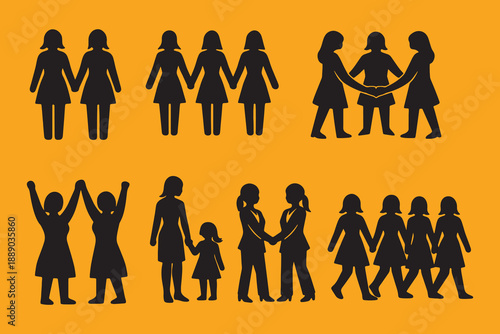 Silhouettes of diverse groups of women holding hands and walking together symbolizing unity and friendship