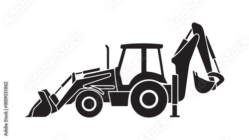 Black and white illustration of a backhoe loader, construction vehicle, excavator, digger, and heavy machinery
