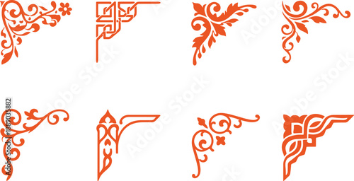 Set of eight decorative corner designs featuring intricate floral and scroll patterns ideal for embellishing stationery and digital art projects
