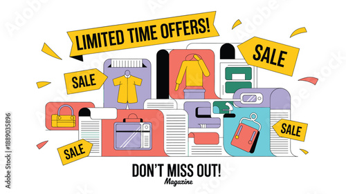 A colorful vector graphic illustration of a sale promotion with various shopping items and limited time offers