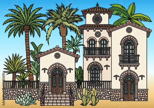 Papercut style vector of a Mediterranean villa with balconies, arches and lush tropical plants, layered paper look, elegant symmetrical architecture for modern design use