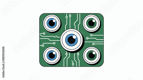 A vector graphic illustration of a green circuit board with five blue eyes and white lines on a transparent background