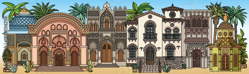 Papercut style vector of a Mediterranean villa with balconies, arches and lush tropical plants, layered paper look, elegant symmetrical architecture for modern design use