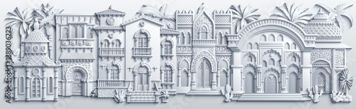 Papercut white vector of Mediterranean villa with balconies, arches and tropical plants, layered paper sculpture look, elegant symmetrical facade