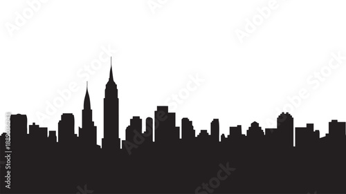 Dynamic black and white vector illustration of a modern urban city skyline silhouette, showcasing iconic architectural structures and towering skyscrapers against a clear background