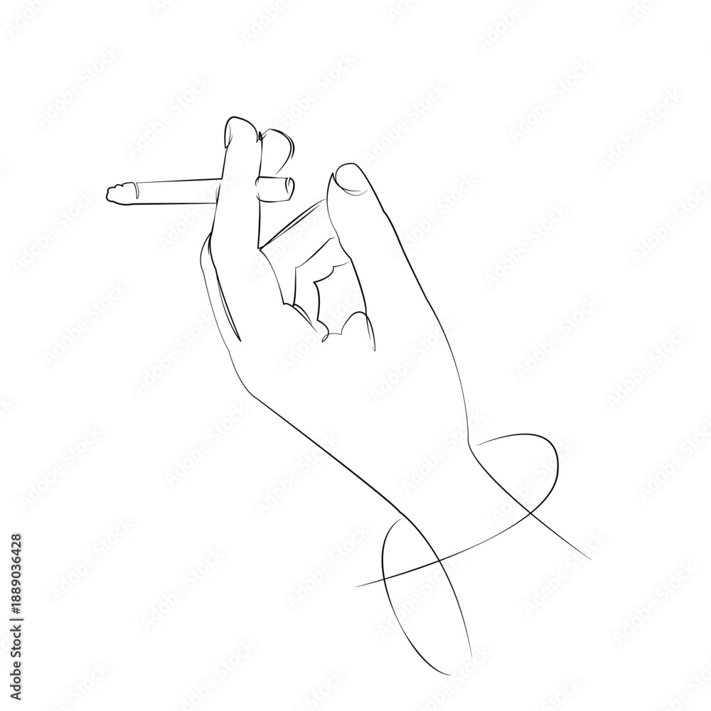 Obraz premium One continuous line drawing on white isolated background. Minimalism linear illustration. cigarette, hand, holding, smoke, woman, health, person, addiction, smoker, tobacco