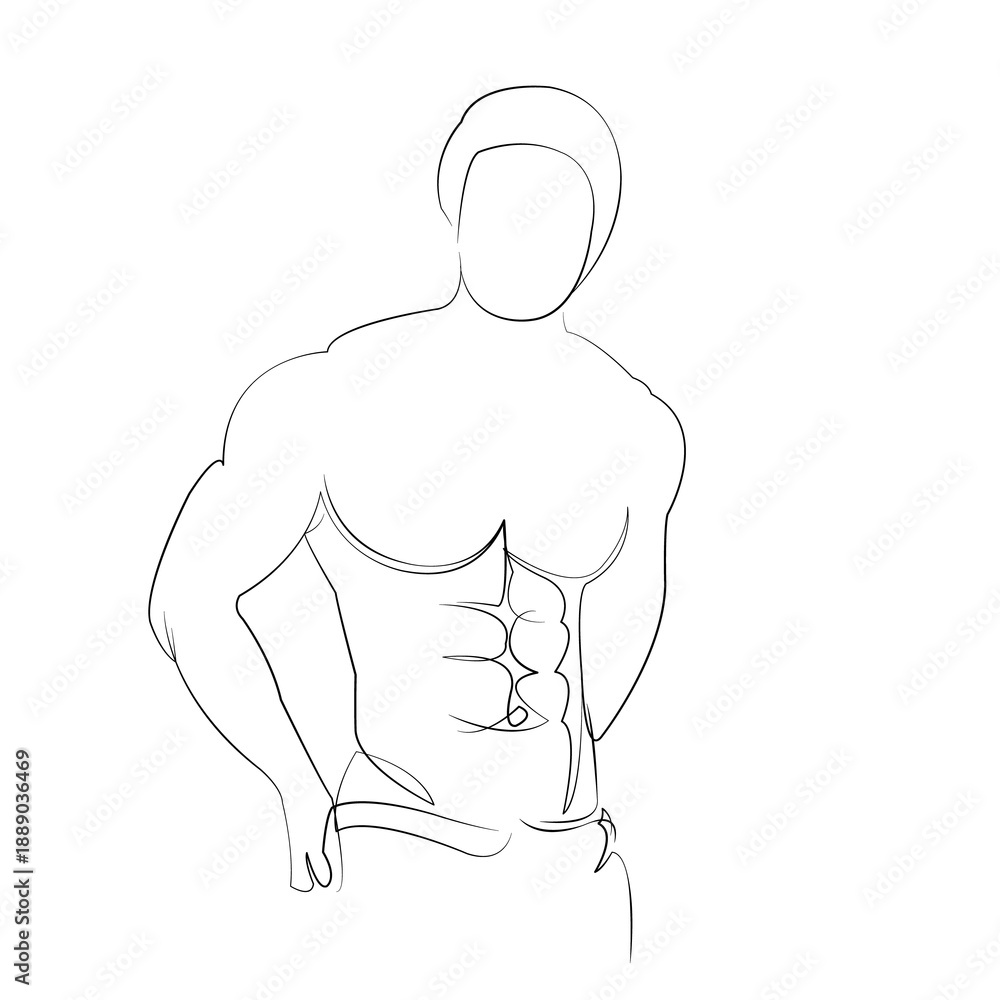 Fototapeta premium One continuous line drawing on white isolated background. Minimalism linear illustration. man, sport, bodybuilder, athlete, muscle, muscular, male, body, fitness, bodybuilding