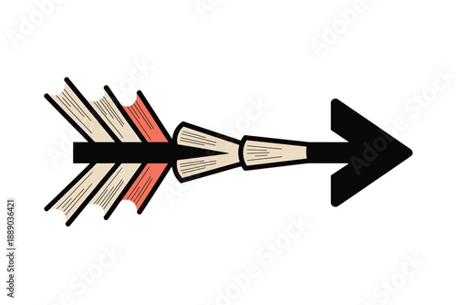 A stylized illustration of a black arrow with a red and beige fletching on a white background