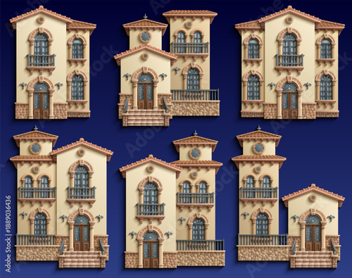 Papercut style vector set of Mediterranean villa facade elements: modular houses, arched doors, windows, balconies, stairs and roof tiles. Layered paper cut look, architectural asset kit. 