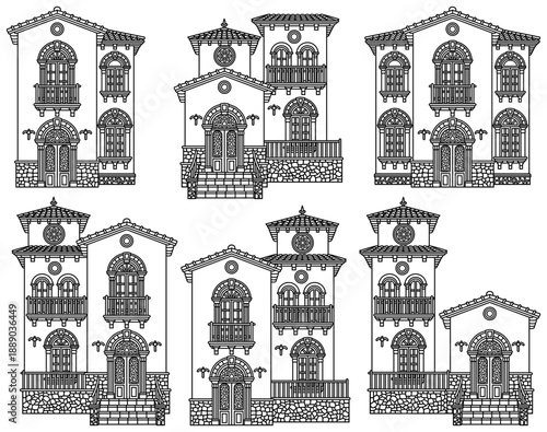 Line art vector set of Mediterranean villa facade elements: modular houses, arched doors, windows, balconies, stairs and roof tiles. Hand Drawn, not AI