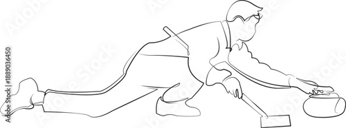 One continuous line drawing on white isolated background. Minimalism linear illustration. game, sport, curling, man, ice, winter, competition, athlete, player, rink.