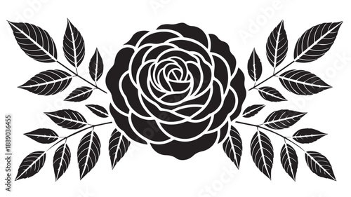 Decorative black and white vector illustration of a blooming rose with elegant symmetrical foliage, perfect for timeless graphic design and romantic themes