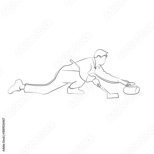 One continuous line drawing on white isolated background. Minimalism linear illustration. game, sport, curling, man, ice, winter, competition, athlete, player, rink.