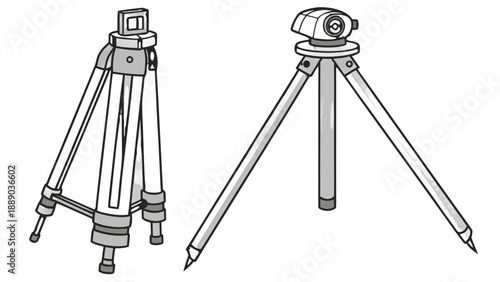 A black and white vector illustration showing two different types of tripods used for supporting surveying GNSS/GPS pole instruments like levels and total stations