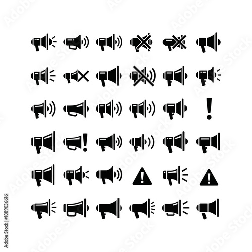 A comprehensive set of black megaphone and loudspeaker icons depicting various sound levels, mute functions, and important alert notifications.