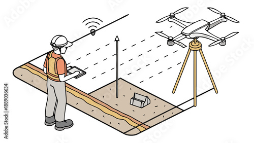 Surveyor with a tablet and pole, a drone on a tripod, and another drone flying overhead, conducting an aerial survey on a construction site with ground markings