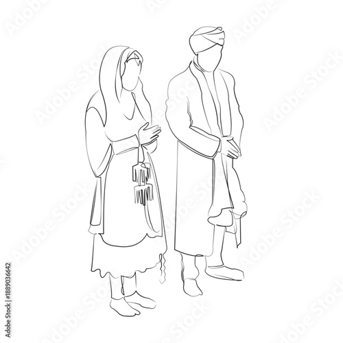One continuous line drawing on white isolated background. Minimalism linear illustration. india, bride, wedding, groom, love, indian, ceremony, couple, tradition, culture