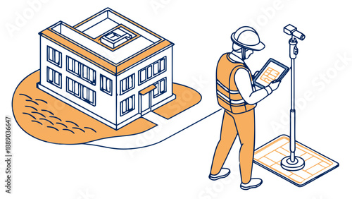 Surveyor in safety gear using a tablet to collect data from a GNSS rover pole at a construction site with a building in the background