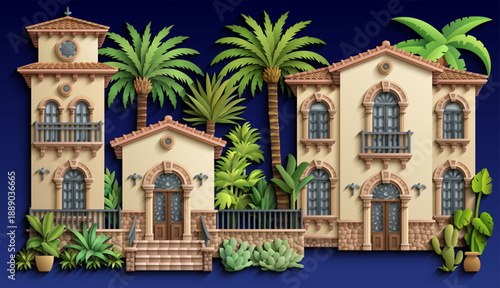 Papercut style vector of a Mediterranean villa with balconies, arches and lush tropical plants, layered paper look, elegant symmetrical architecture for modern design use