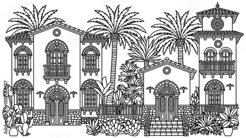 Vector line art illustration of a Mediterranean villa with balconies, arches and lush tropical plants, elegant symmetrical architecture for modern design use