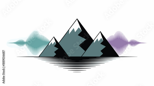 A minimalist vector graphic illustration of three mountain peaks with sound waves