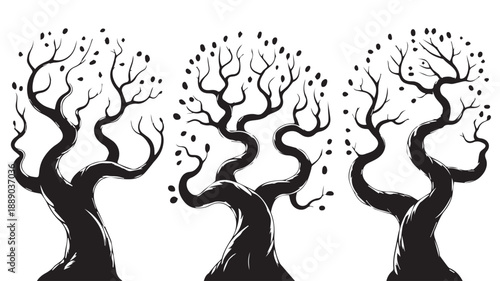 A trio of stylized black and white trees with intricate branches and trunks, evoking a sense of natural artistry and unique design