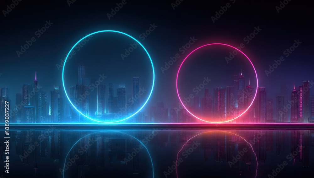 custom made wallpaper toronto digitalTwo glowing neon rings over a blurred cityscape, reflected in a sleek, dark surface