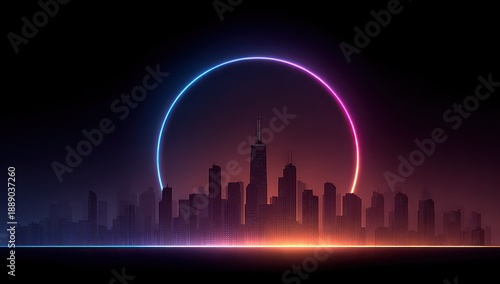 Wallpaper Mural Silhouette of a city skyline with buildings under a gradient neon circle on a black backdrop Torontodigital.ca