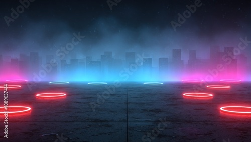 Wallpaper Mural Futuristic cityscape, glowing platforms, neon lights, and a hazy atmosphere Torontodigital.ca