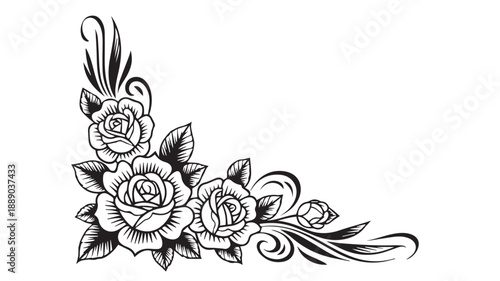 A black and white vector illustration depicting a beautiful floral corner ornament with blooming roses, elegant leaves, and decorative swirling flourishes, ideal for vintage designs or embellishments