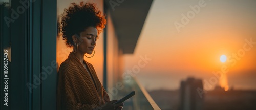 Serene woman with curly hair on modern balcony at vibrant sunset, holding a digital device, reflecting on urban landscape.