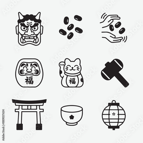Japanese Traditional Icons Set – Oni Mask, Maneki Neko, Torii Gate, Daruma, Lantern, Zen Symbols