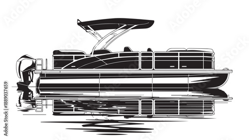 A sleek, modern pontoon boat with a canopy is depicted in a minimalist black and white vector illustration, floating on calm water
