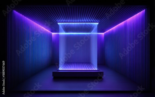 Wallpaper Mural A minimalist, glowing room bathed in neon blue and purple light, with a central platform Torontodigital.ca