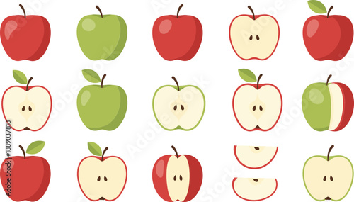 Apple Fruit Vector Icon Set with Whole and Sliced Red and Green Apples for Healthy Food, Organic Nutrition, and Fresh Farming Designs