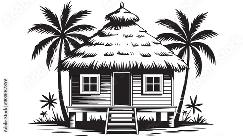 Evocative black and white woodcut style depiction of a rustic tropical hut, complete with a thatched roof and framing palm trees, symbolizing tranquil island escapes and traditional living