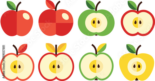 Apple Fruit Vector Illustration Set with Whole and Half Cut Red and Green Apples for Healthy Food, Farming, and Nutrition Designs