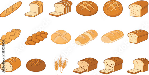 Bread and Bakery Vector Illustration Set with Loaf, Baguette, Sliced Bread, Buns, Wheat Ears, and Fresh Baked Food Icons for Kitchen Designs