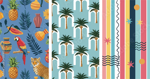Vector illustration of three tropical and abstract panels featuring exotic fruits, palm arches, and colorful geometric stripes