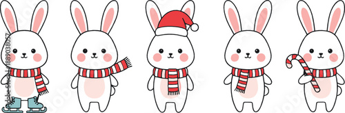 Cute winter bunny vector set with adorable rabbits wearing scarves, hats, mittens, and festive Christmas cartoon characters