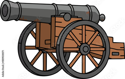 Antique cannon on wooden carriage with large spoked wheels, side view, gray metal barrel and brown wooden elements, cartoon line art flat style historical weapon illustration