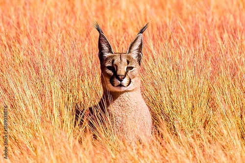 Caracal Wild Cat in Sunlit Golden Grass