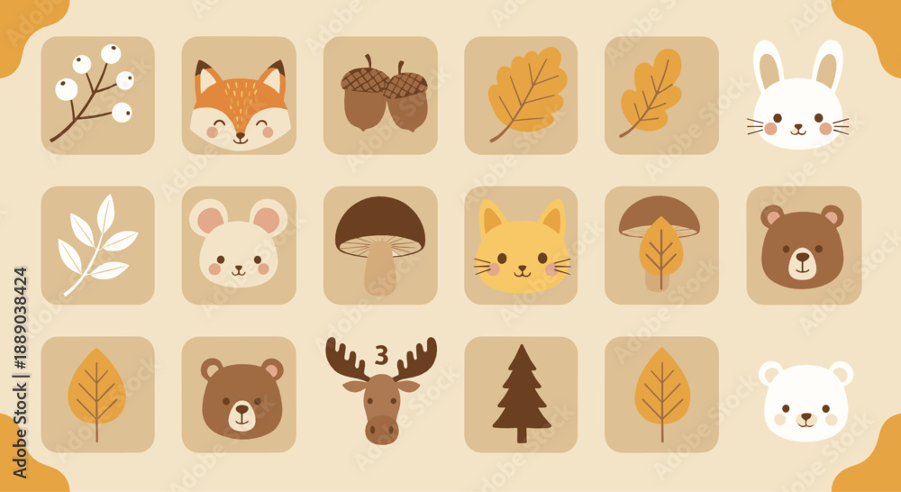 Fototapeta premium Cute woodland icon vector set with fox, bear, deer, rabbit, mushrooms, leaves, acorns, trees, and cozy forest animal characters