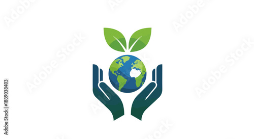 Hands holding planet earth with green leaves symbolizing environmental care.