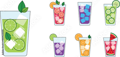 Collection of refreshing fruit juices and summer cocktails with ice cubes