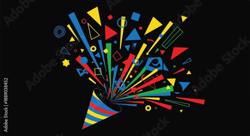 Vibrant abstract party popper explosion with colorful geometric shapes against a dark background, symbolizing celebration and joy.